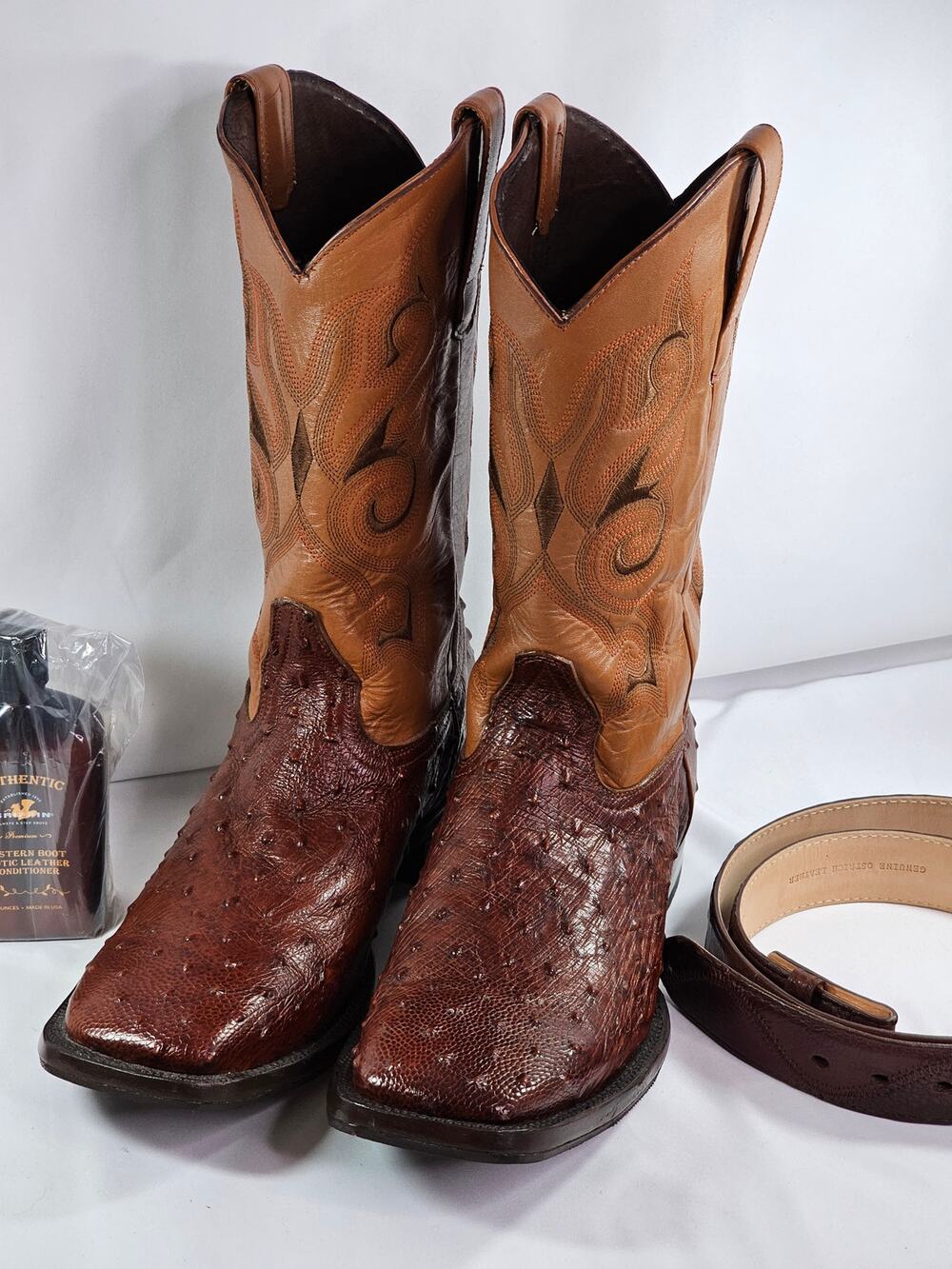 Handmade M 13 Cognac Full Quill Ostrich Boots/Matching Belt